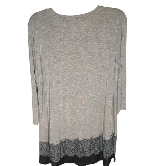 LOGO Lori Goldstein Shirt Womens Large Gray Tunic Lace Chiffon Hem 3/4 Sleeve - Picture 9 of 12